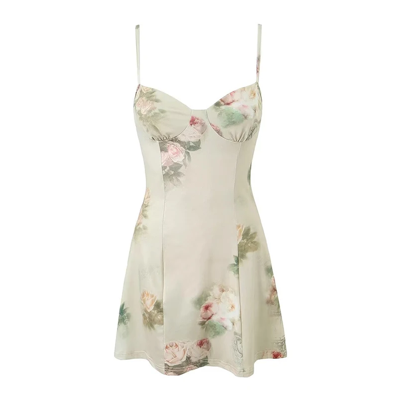 YENKYE Лято 2023, женски винтажное мини рокля на бретелях с флорални Принтом и висока Еластичност, Секси Халат