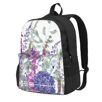 Розови дигиталис и училищна чанта за съхранение, ученическа раница с цветен модел, Дигиталис с цветен модел, розови цветя, лилави цветя, сини цветя